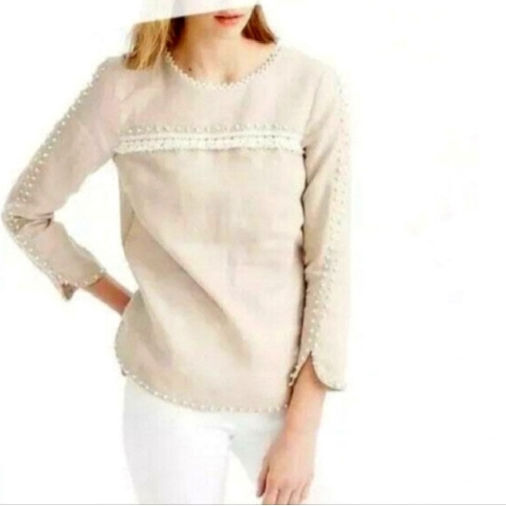 J Crew Top Beige Linen Embroidered Fringe Crochet Trim Notched Sides Relaxed Fit - Picture 1 of 6